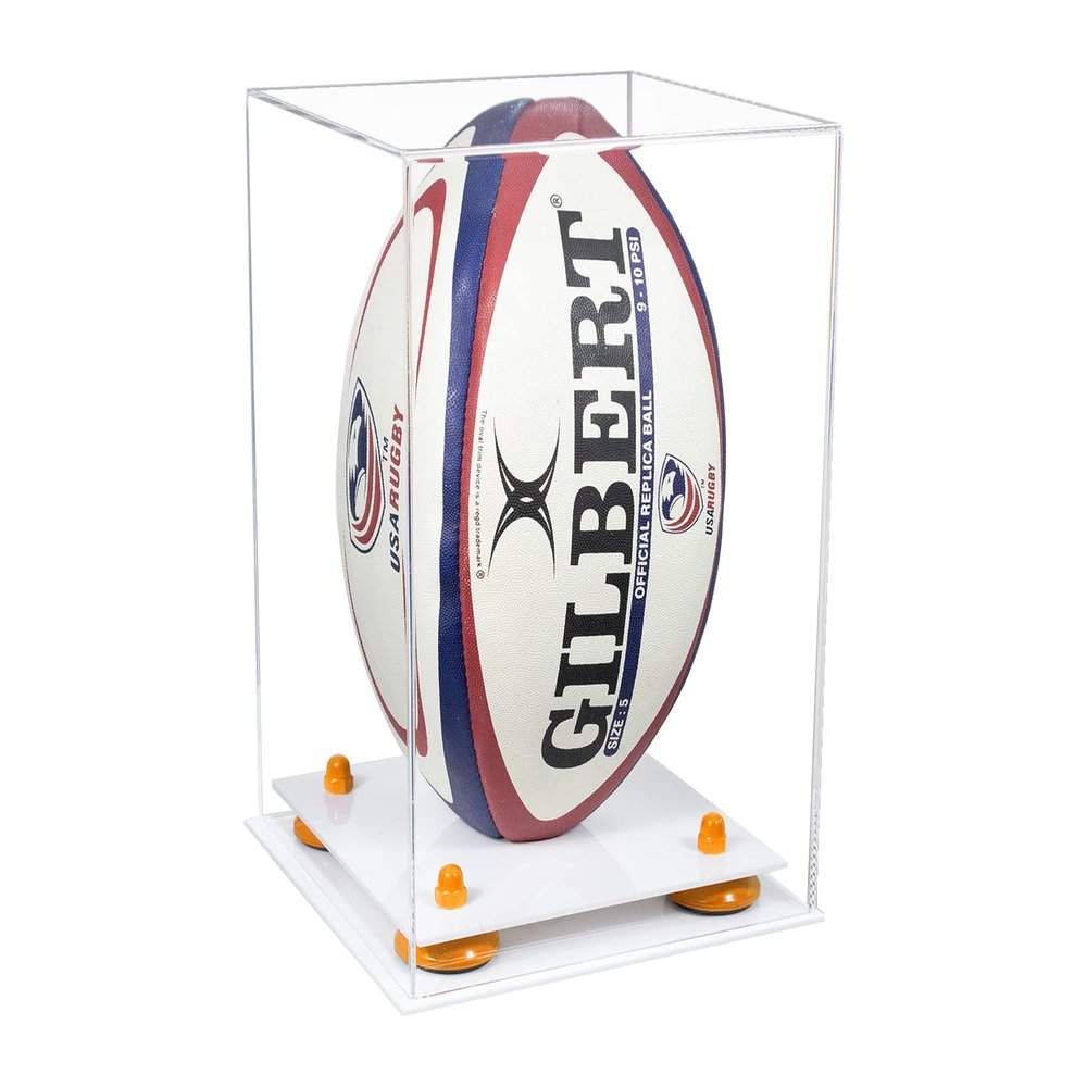 Better Display Cases Acrylic Rugby Ball Display Case Vertical with Clear Case, Orange Risers, White Base 8" x 8" x 12" (A060/B42)