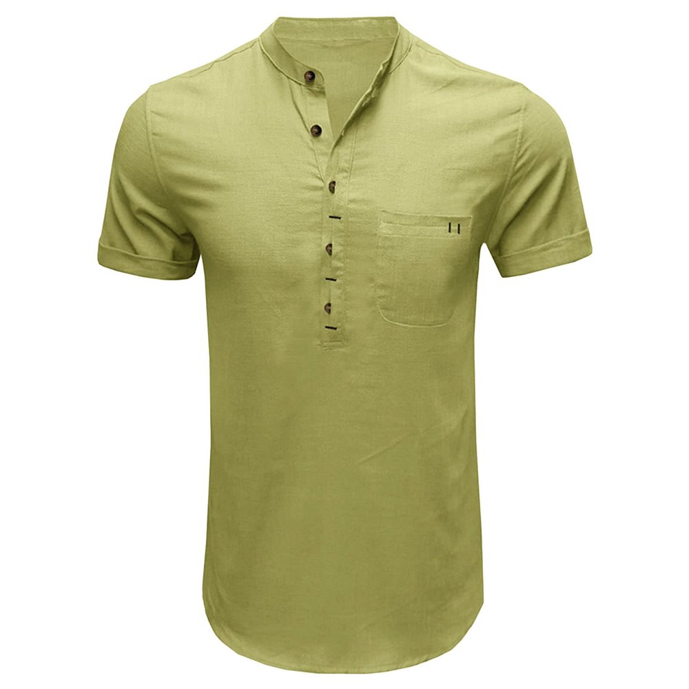 JEsilunmaMY Mens Pocket Cotton Linen Henley T-Shirts Short Sleeve Hippie Casual Beach Shirts Solid Color Loose Henley Shirts (Green,XX-Large)