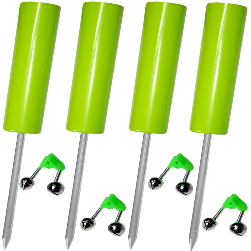 4 Pack Fishing Rod Holders, Bank & Beach Support Stand - Reinforced PVC, 4 Free Fishing Rod Bait Alarm Bells (Green)