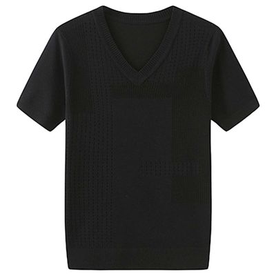 Maiyifu-GJ Men's Ribbed Knitted Stretch T-Shirts Textured Crew Neck Breathable Basic Short Sleeve Lightweight Hollow Tee (Black 2,US SIZE S Asia M)
