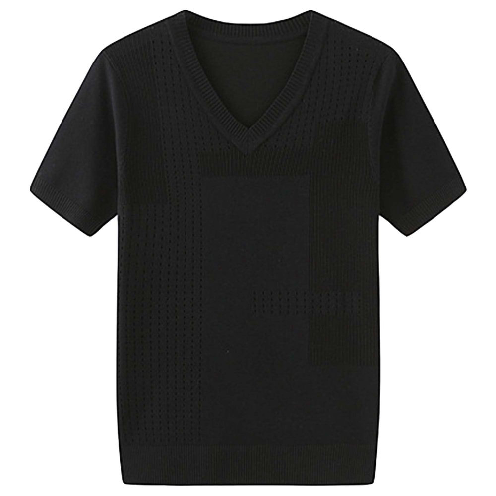 Maiyifu-GJ Men's Ribbed Knitted Stretch T-Shirts Textured Crew Neck Breathable Basic Short Sleeve Lightweight Hollow Tee (Black 2,US SIZE S Asia M)
