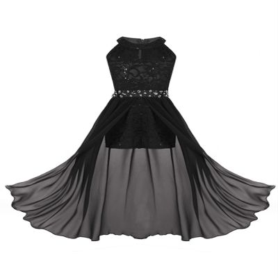 XUNZOO Kids Girls Floral Lace Sleeveless Chiffon Maxi Dress Sequins Wedding Party Ball Prom Bridesmaid Romper Gown Black 8 Years
