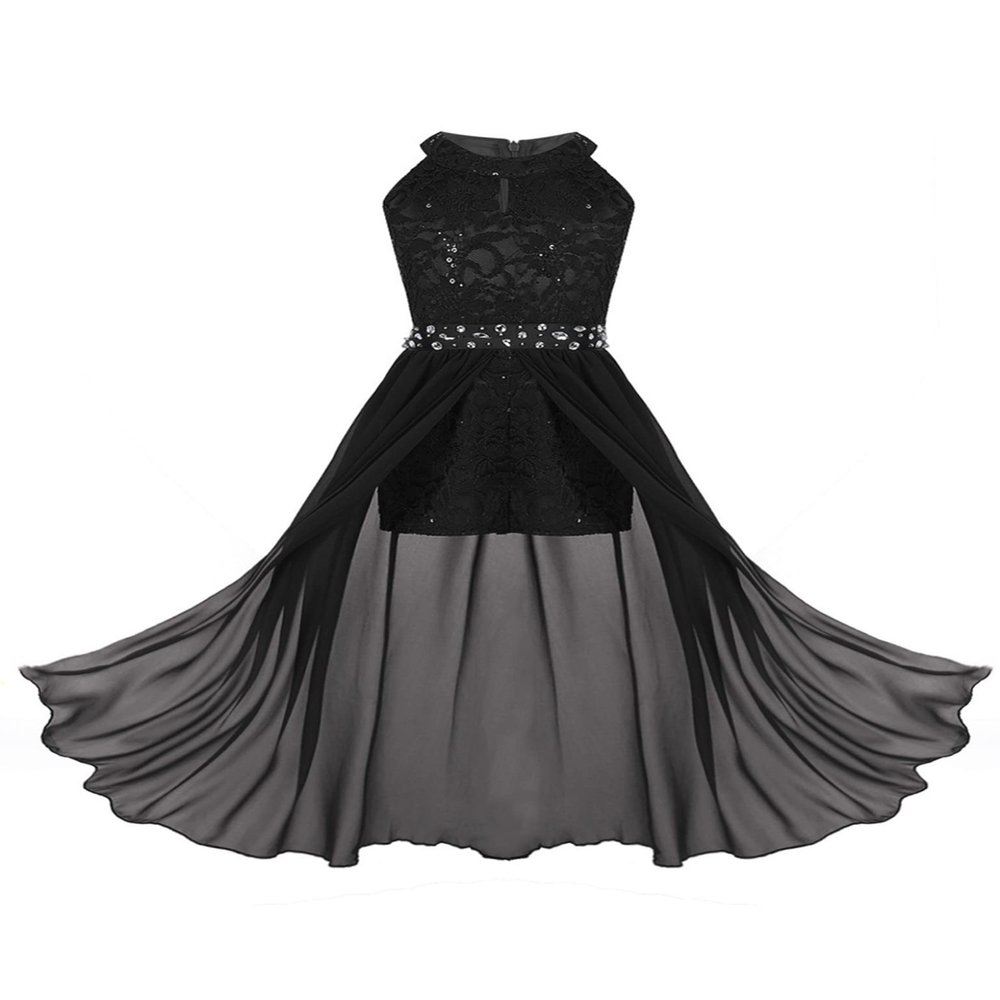 XUNZOO Kids Girls Floral Lace Sleeveless Chiffon Maxi Dress Sequins Wedding Party Ball Prom Bridesmaid Romper Gown Black 8 Years