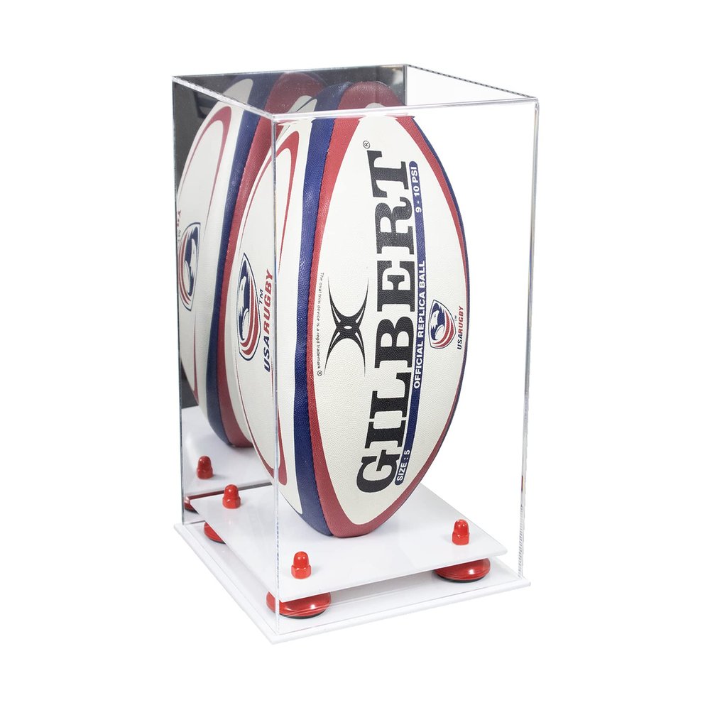Better Display Cases Acrylic Rugby Ball Display Case Vertical with Mirror Case, Red Risers, White Base 8" x 8" x 12" (A060/B42)