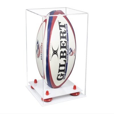 Better Display Cases Acrylic Rugby Ball Display Case Vertical with Clear Case, Red Risers, White Base 8" x 8" x 12" (A060/B42)