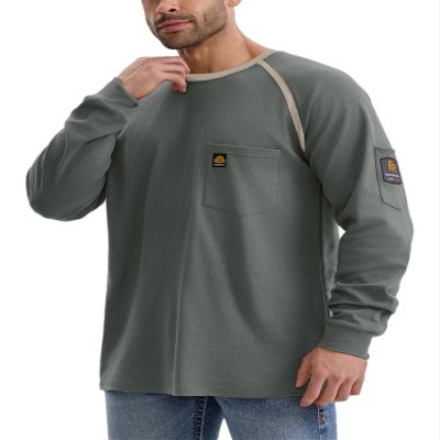 WORKWEYA FR Shirts for Men Lightweight 6.5oz 100% Cotton Long Sleeve Flame Resistant Welding T-Shirt CAT2/NFPA2112, Olive Green