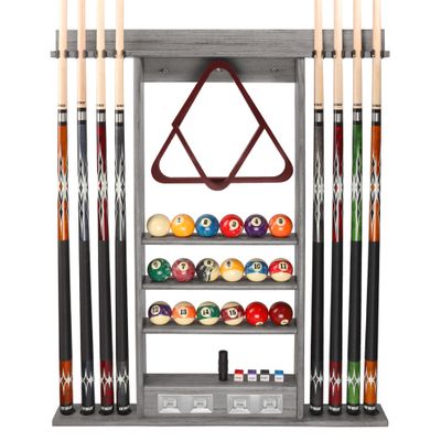 GSE Games & Sports Expert 8 Pool Cue Wall Rack with Score Counter, Billiard Stick Hanging Wall Mounting Holder Only, Holds 8 Pool Cue Sticks, 2 Ball Racks and Full Set of Balls (Brushed Grey)
