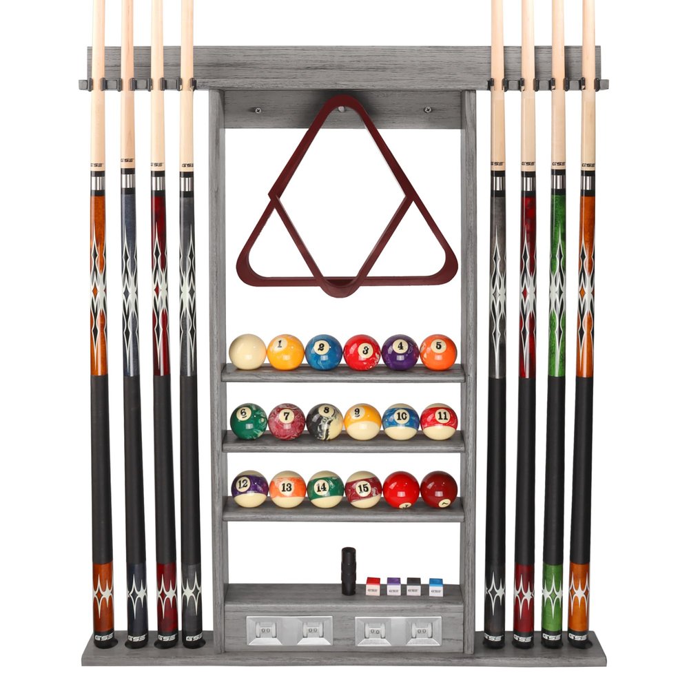 GSE Games & Sports Expert 8 Pool Cue Wall Rack with Score Counter, Billiard Stick Hanging Wall Mounting Holder Only, Holds 8 Pool Cue Sticks, 2 Ball Racks and Full Set of Balls (Brushed Grey)