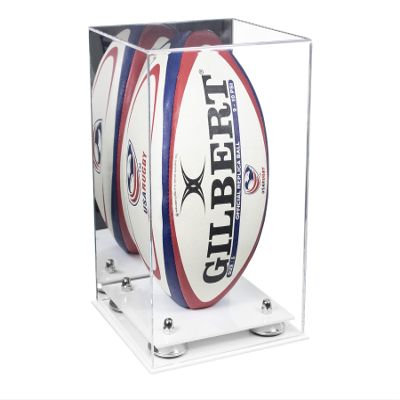 Better Display Cases Acrylic Rugby Ball Display Case Vertical with Mirror Case, Silver Risers, White Base 8" x 8" x 12" (A060/B42)