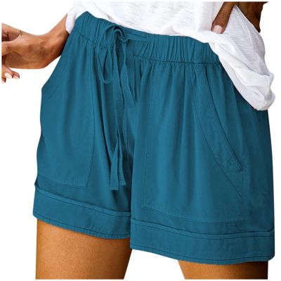 Summer Casual Shorts for Women Drawstring Elastic Waist Comfy Wide Leg Shorts Lightweight Flowy Beach Shorts with Pockets A# Blue
