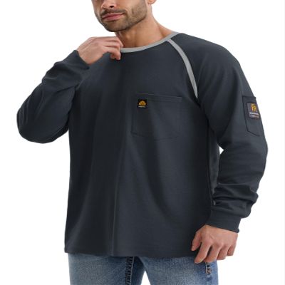 WORKWEYA FR Shirts for Men Lightweight 6.5oz 100% Cotton Long Sleeve Flame Resistant Welding T-Shirt CAT2/NFPA2112, Dark Blue
