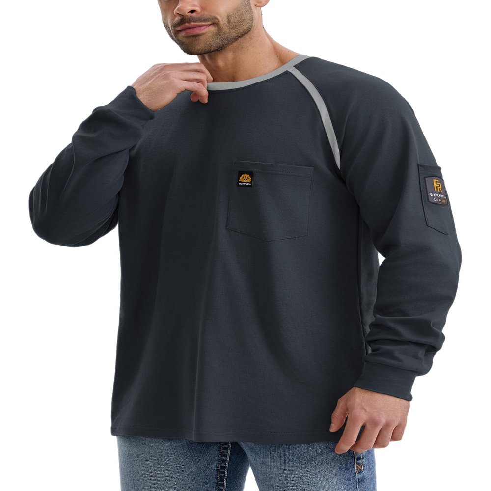 WORKWEYA FR Shirts for Men Lightweight 6.5oz 100% Cotton Long Sleeve Flame Resistant Welding T-Shirt CAT2/NFPA2112, Dark Blue