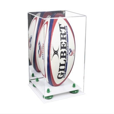 Better Display Cases Acrylic Rugby Ball Display Case Vertical with Mirror Case, Green Risers, White Base 8" x 8" x 12" (A060/B42)