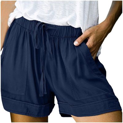 Summer Casual Shorts for Women Drawstring Elastic Waist Comfy Wide Leg Shorts Lightweight Flowy Beach Shorts with Pockets A# Dark Blue