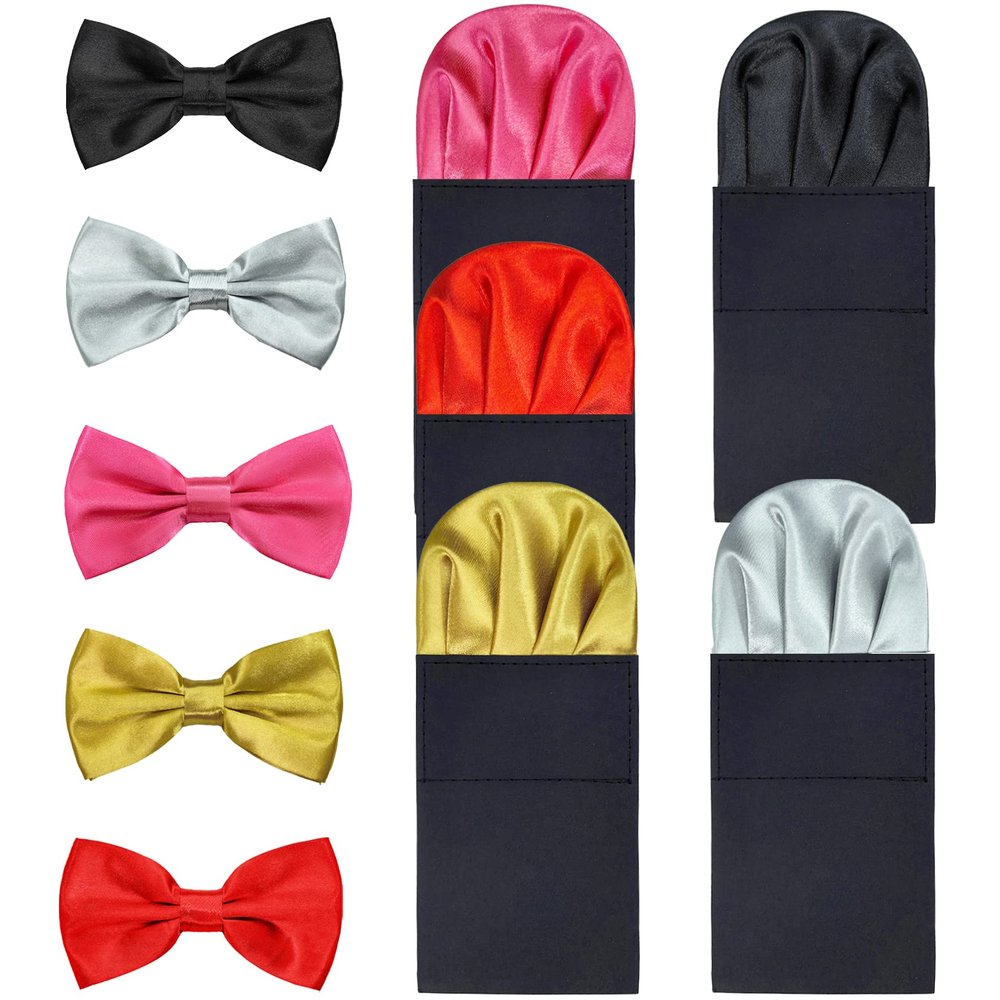 5 Pack Silk Men's Pre Folded Pocket Squares Set, Prefolded Handkerchief For Business Formal/Suit/Tuxedo PF-H-3 (Handkerchief & bow tie Set of 5 - Black, Silver, Rose, Glod, Red)