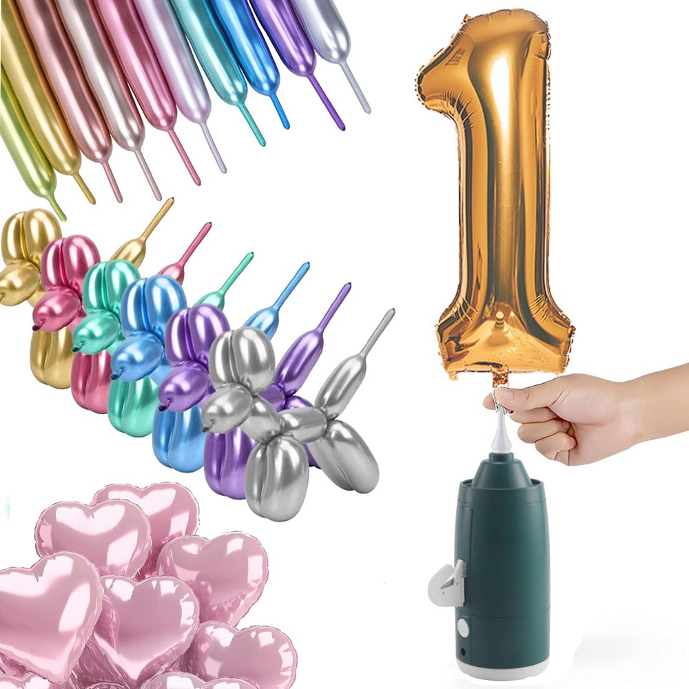 Electric Magic Balloon Pump, Electric Air Inflator Party Air Blower Pump with 1 Nozzle 1 Balloon Cutter and 10 Pcs Long Balloons,Great for Twisty Curly Balloon, Foil Balloons (Green)