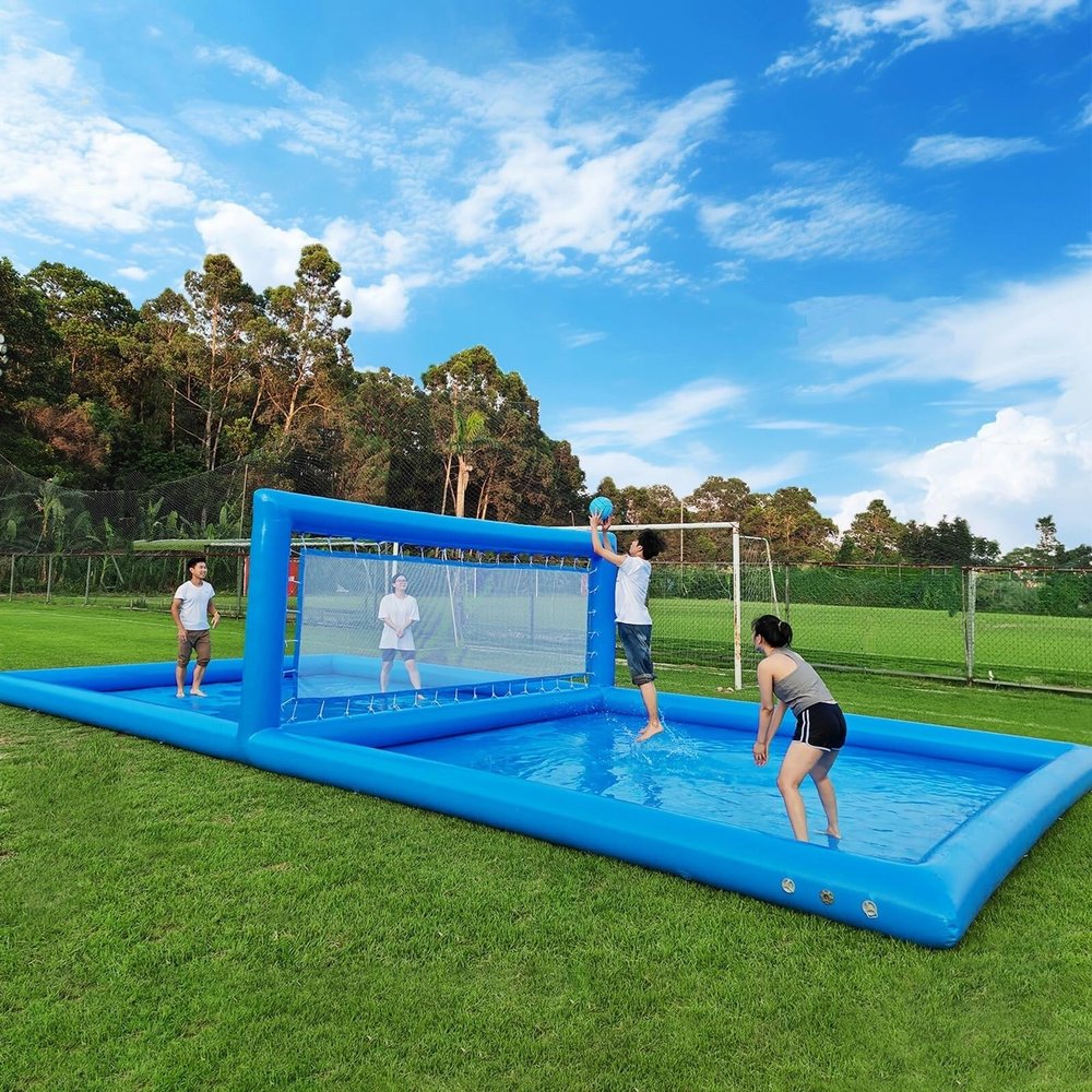 33x16.5x7ft Inflatable Water Volleyball Pool Court, Summer Water Volleyball Court w/ 800W Air Pump, 0.66mm Heavy Duty PVC Made, for Adults/School/Community Activites Fun Backyard Beach, Quick Set