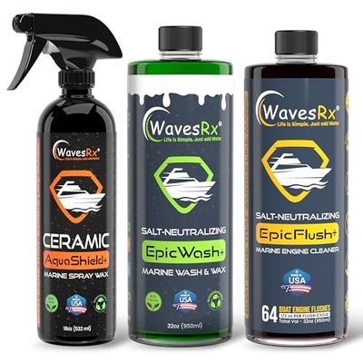WavesRx Salt-Neutralizing Boat Soap (EpicWash) + Ceramic Spray (AquaShield) + Marine Engine Flush & Protectant (EpicFlush) | Keep Your Watercraft Clean & Corrosion Free Protect From Saltwater Exposure