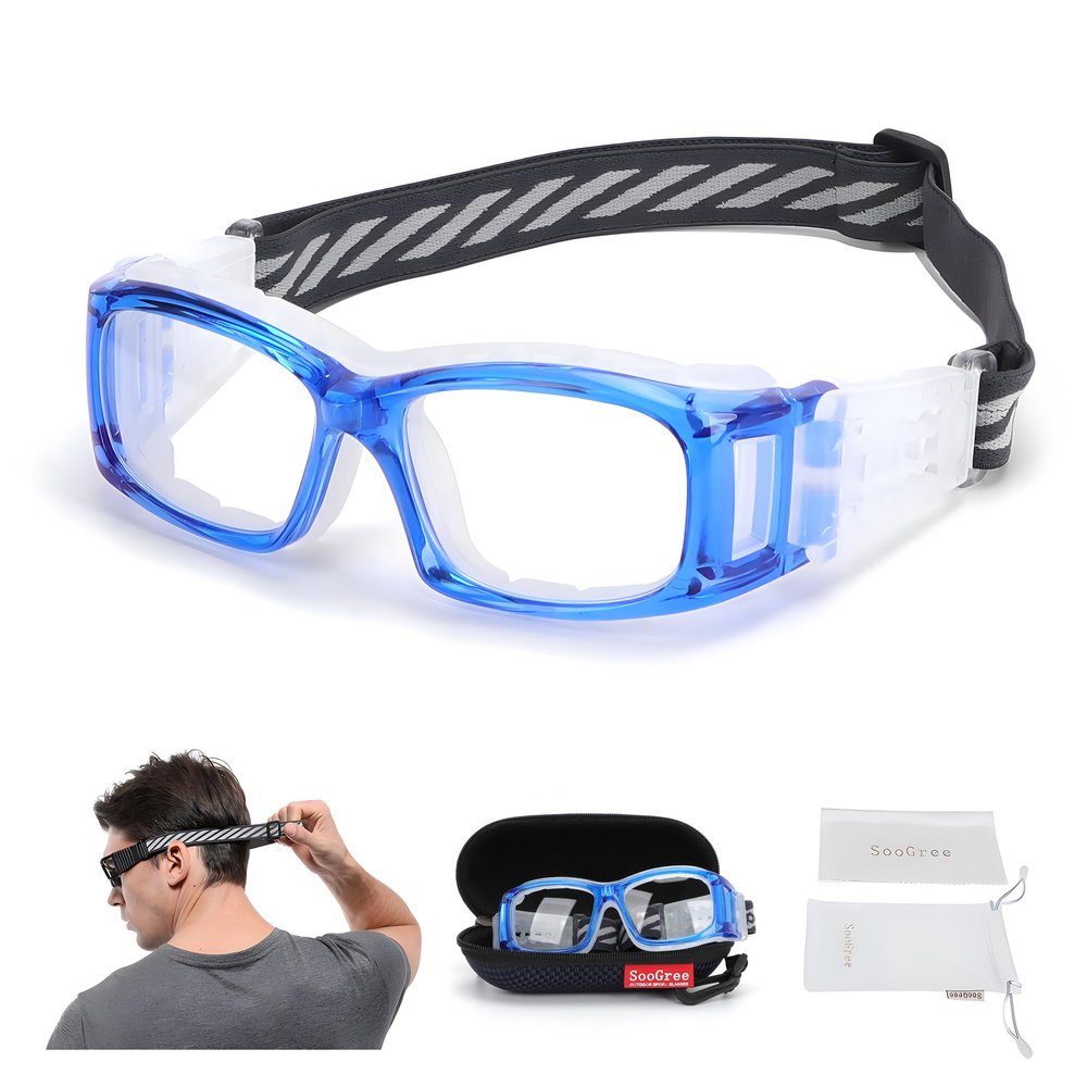 SooGree Basketball Sports Goggles Protective Eyewear for Men Safety Glasses (Blue frame white pad)