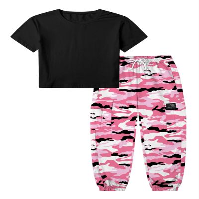 Betusline Girls Clothes 2 Piece Set, Black Cute Short Sleeve Crop Tops + Hot Pink Camo Cargo Jogger Pants Clothes, 11-12 Years = Tag 160
