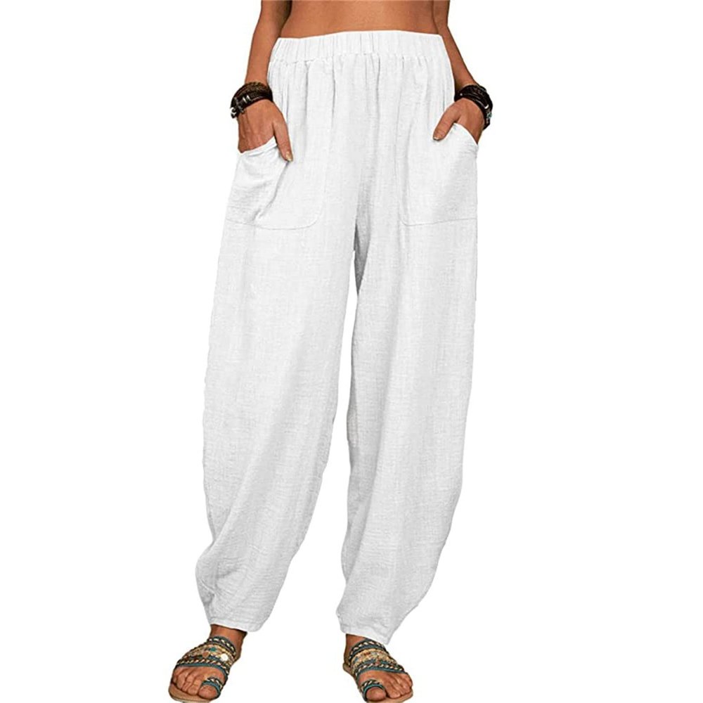 WABEOR Wide Leg Linen Pants for Women Plus Size Elastic Waist Casual Summer Pants Loose Fit Beach Pants Comfy Cotton Trousers B-White