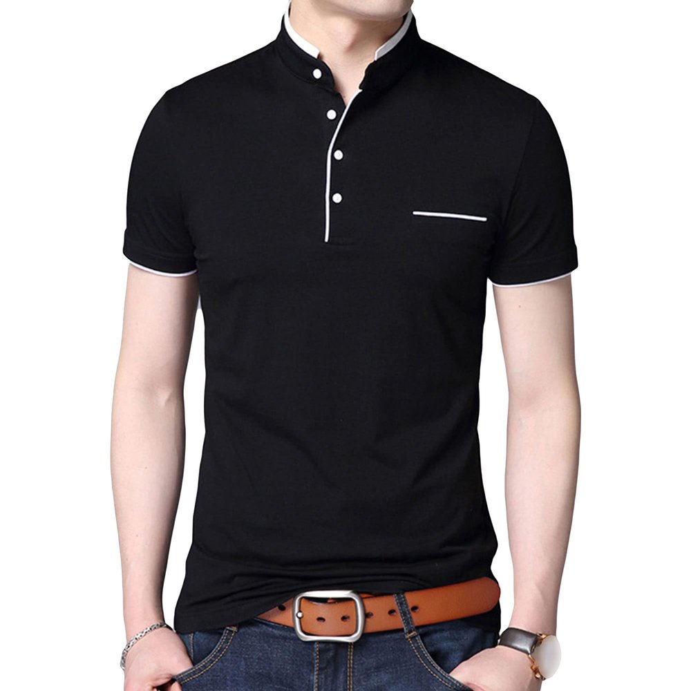 Maiyifu-GJ Men's Basic Stand-Up Collar Short Sleeves 3-Button Lightweight Golf Slim-Fit Shirts Regular Cotton Knit Polo Tees (Black,US Size XL Asia XXL)