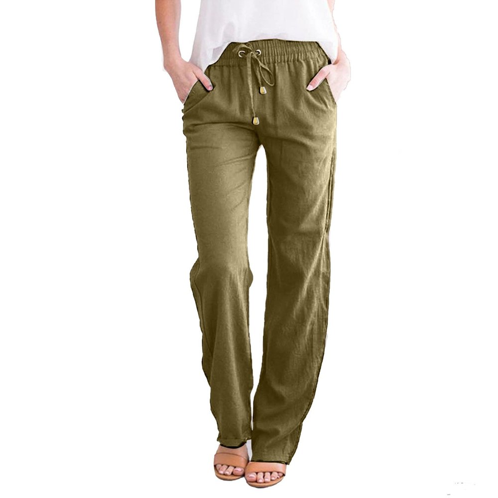 WABEOR Wide Leg Linen Pants for Women Plus Size Elastic Waist Casual Summer Pants Loose Fit Beach Pants Comfy Cotton Trousers