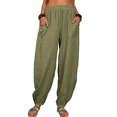 WABEOR Wide Leg Linen Pants for Women Plus Size Elastic Waist Casual Summer Pants Loose Fit Beach Pants Comfy Cotton Trousers B-Green