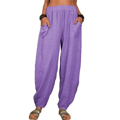 WABEOR Wide Leg Linen Pants for Women Plus Size Elastic Waist Casual Summer Pants Loose Fit Beach Pants Comfy Cotton Trousers