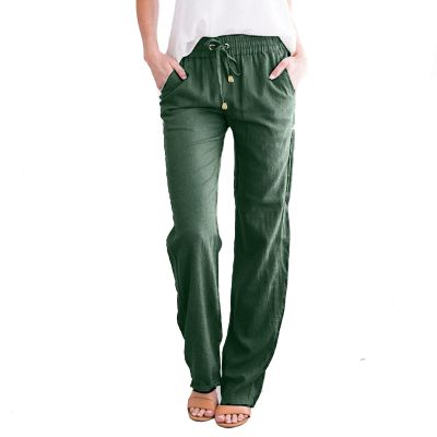 WABEOR Wide Leg Linen Pants for Women Plus Size Elastic Waist Casual Summer Pants Loose Fit Beach Pants Comfy Cotton Trousers C-Green