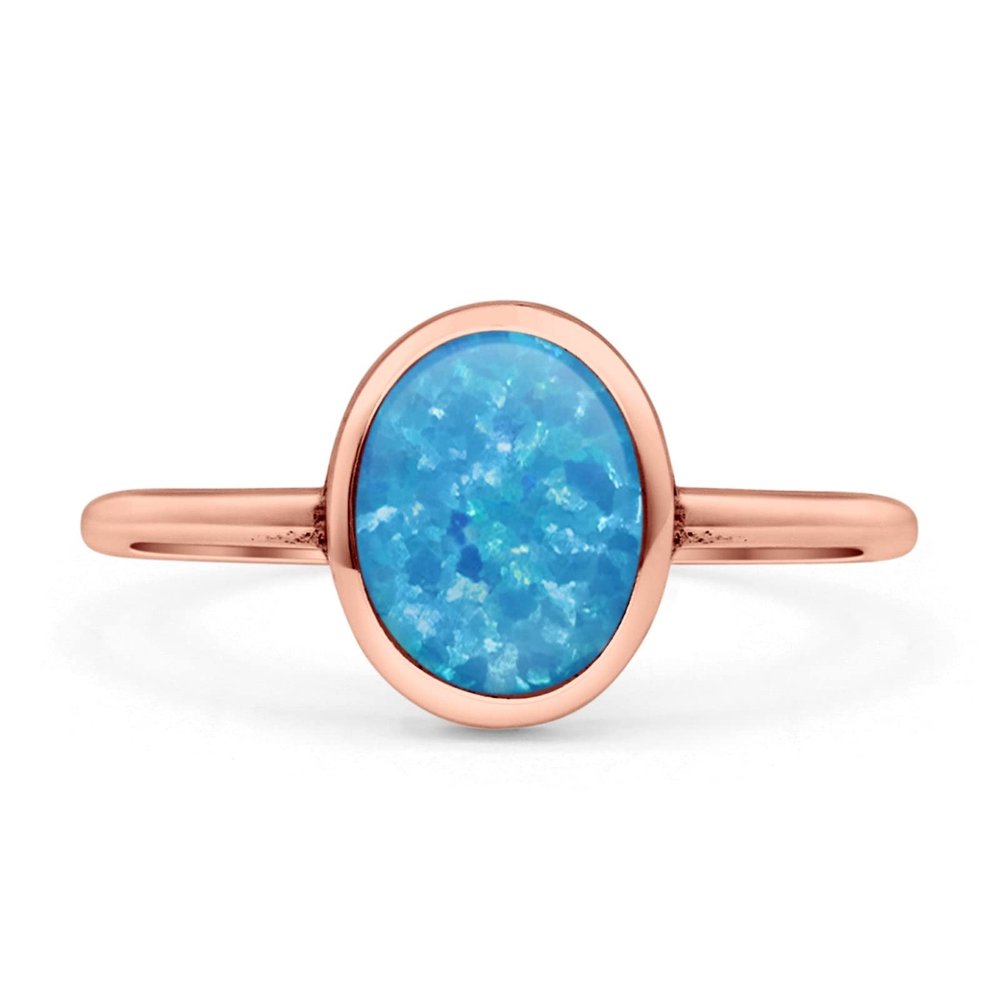 OMRANII Rose Tone, Lab Created Blue Opal Size-10 Oval Petite Dainty Fashion Thumb Ring Solid 925 Sterling Silver