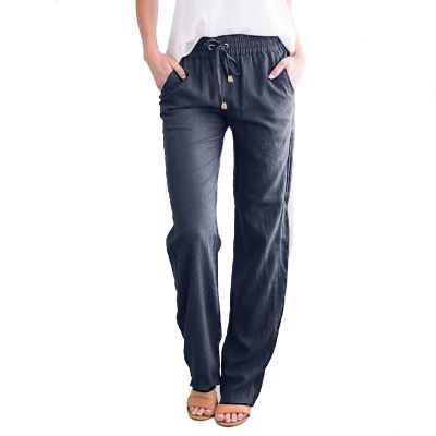WABEOR Wide Leg Linen Pants for Women Plus Size Elastic Waist Casual Summer Pants Loose Fit Beach Pants Comfy Cotton Trousers
