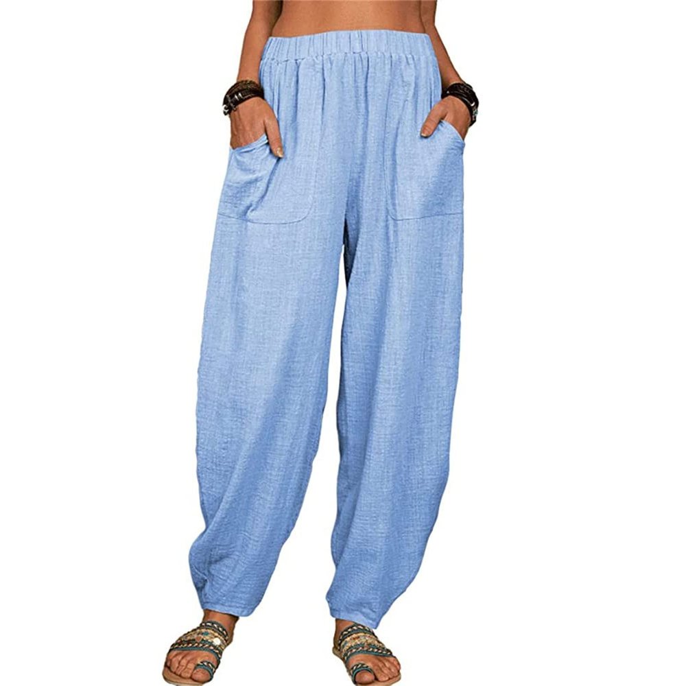 WABEOR Wide Leg Linen Pants for Women Plus Size Elastic Waist Casual Summer Pants Loose Fit Beach Pants Comfy Cotton Trousers