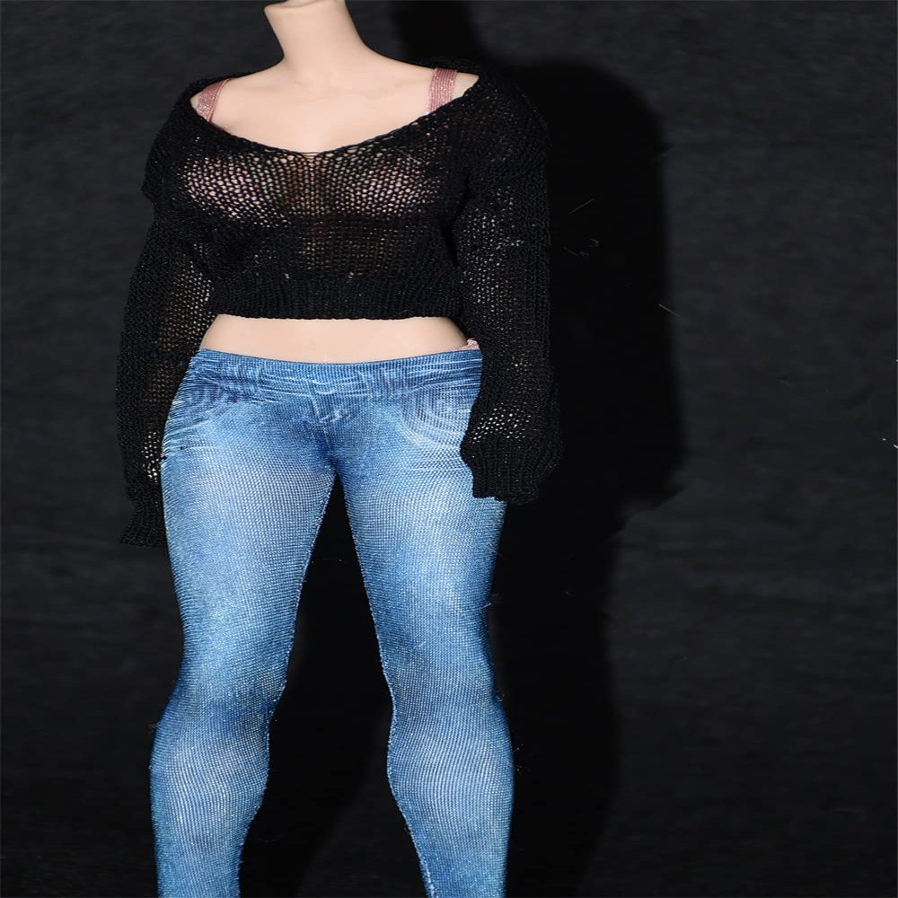 Fremego 1/6 Scale Female Clothes,Women's Ultra-Thin Sweater Pants Stretch Trousers Costume Outfit Clothing for 12inch PH TBL JO Female Action Figure Body (Blue Pant)