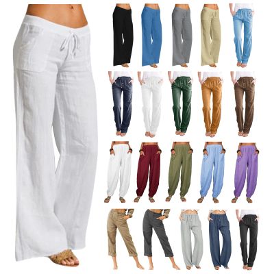 WABEOR Wide Leg Linen Pants for Women Plus Size Elastic Waist Casual Summer Pants Loose Fit Beach Pants Comfy Cotton Trousers A-White