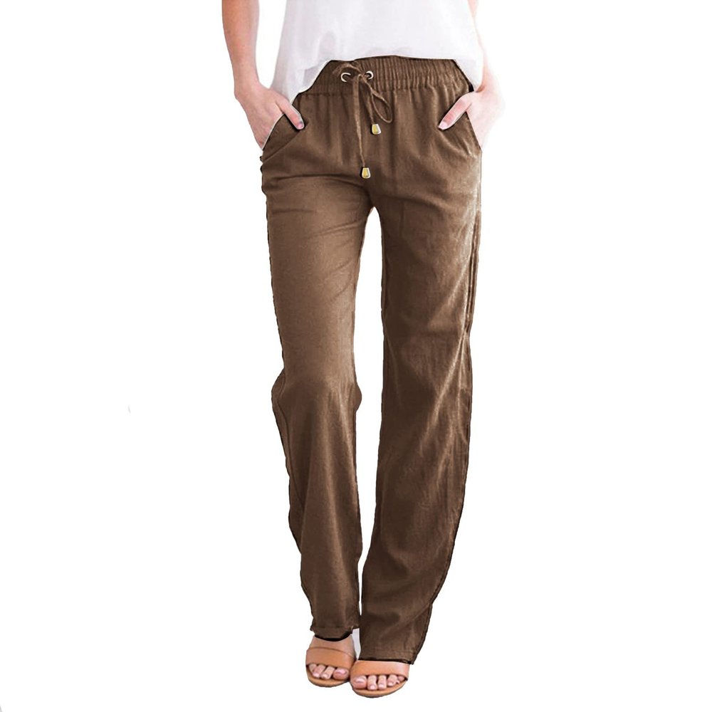 WABEOR Wide Leg Linen Pants for Women Plus Size Elastic Waist Casual Summer Pants Loose Fit Beach Pants Comfy Cotton Trousers C-Brown