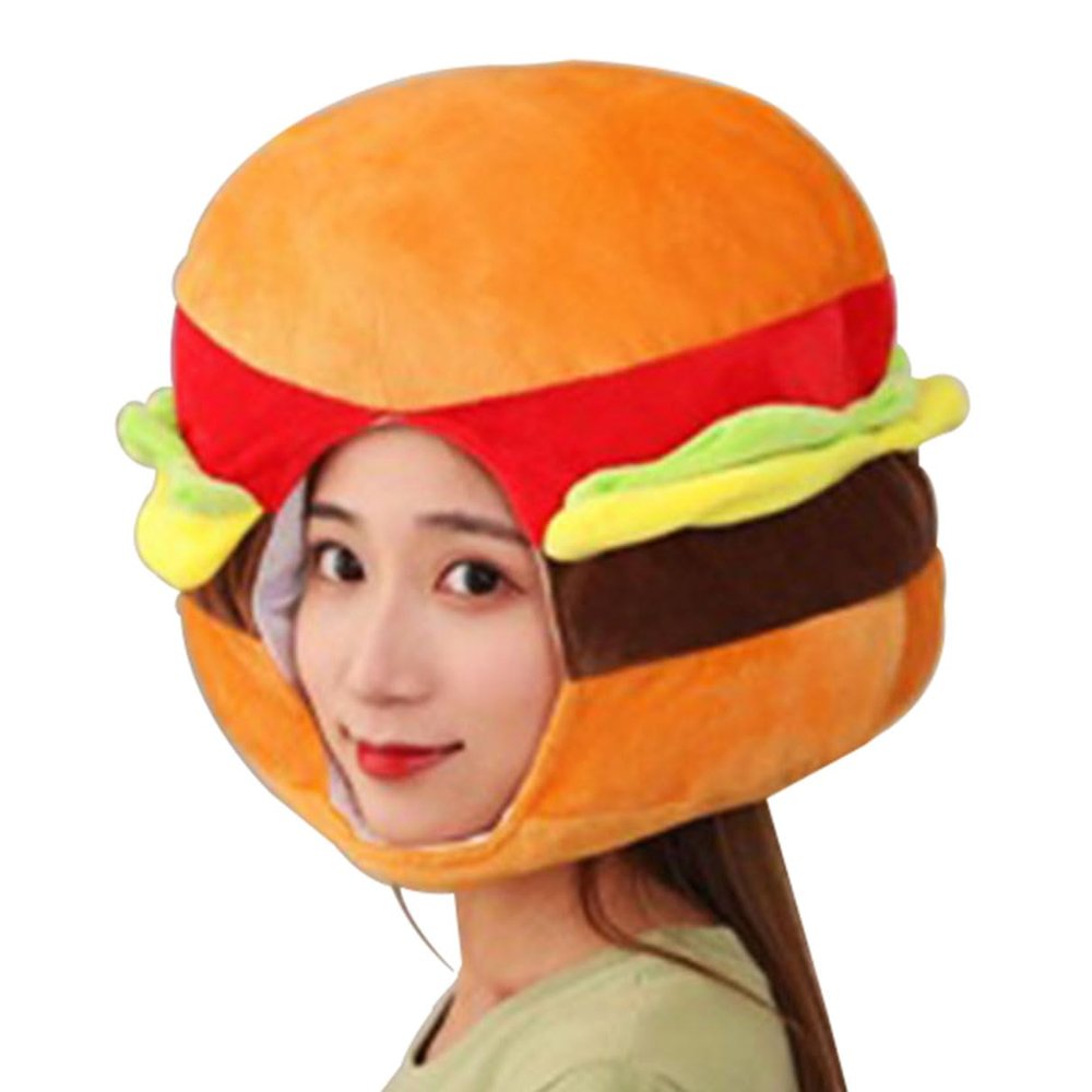 BEESUM 2023 Novelty Hamburger Hat Plush Food Burger Cap Mask Adult Halloween Christmas Party Costume
