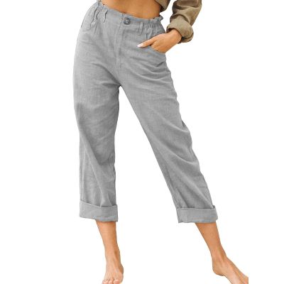 WABEOR Wide Leg Linen Pants for Women Plus Size Elastic Waist Casual Summer Pants Loose Fit Beach Pants Comfy Cotton Trousers