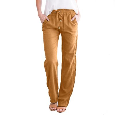 WABEOR Wide Leg Linen Pants for Women Plus Size Elastic Waist Casual Summer Pants Loose Fit Beach Pants Comfy Cotton Trousers