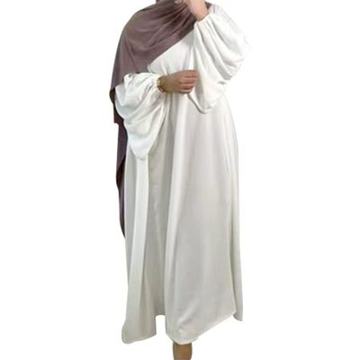 ODIZLI Muslim Abaya For Women Prayer Abayas Long Puff Sleeve Robe Dress Muslim Islamic Eid Dress Floor Length Prayer Dress For Women Muslim Jilbab For Muslim Women Tight Knot Dress White M