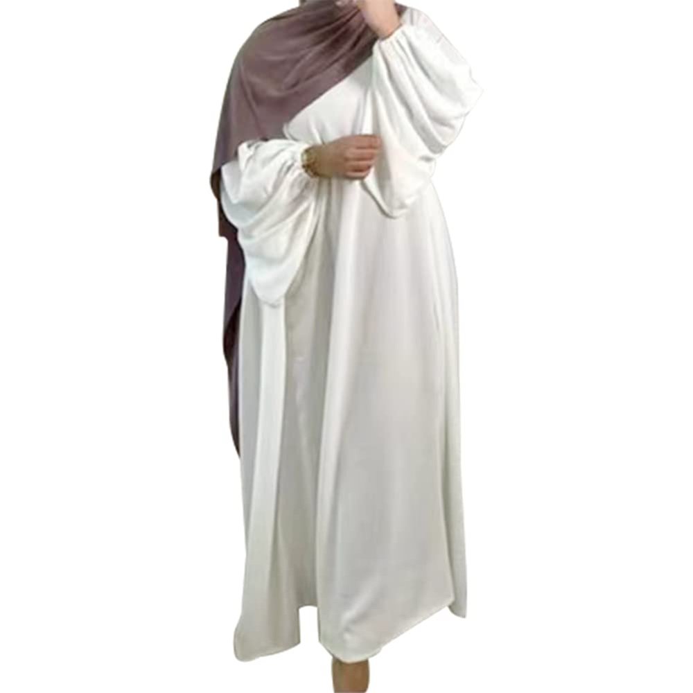 ODIZLI Muslim Abaya For Women Prayer Abayas Long Puff Sleeve Robe Dress Muslim Islamic Eid Dress Floor Length Prayer Dress For Women Muslim Jilbab For Muslim Women Tight Knot Dress White M