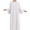 ODIZLI Muslim Abaya For Women Prayer Abayas Long Puff Sleeve Robe Dress Muslim Islamic Eid Dress Floor Length Prayer Dress For Women Muslim Jilbab For Muslim Women Tight Knot Dress White M view 4