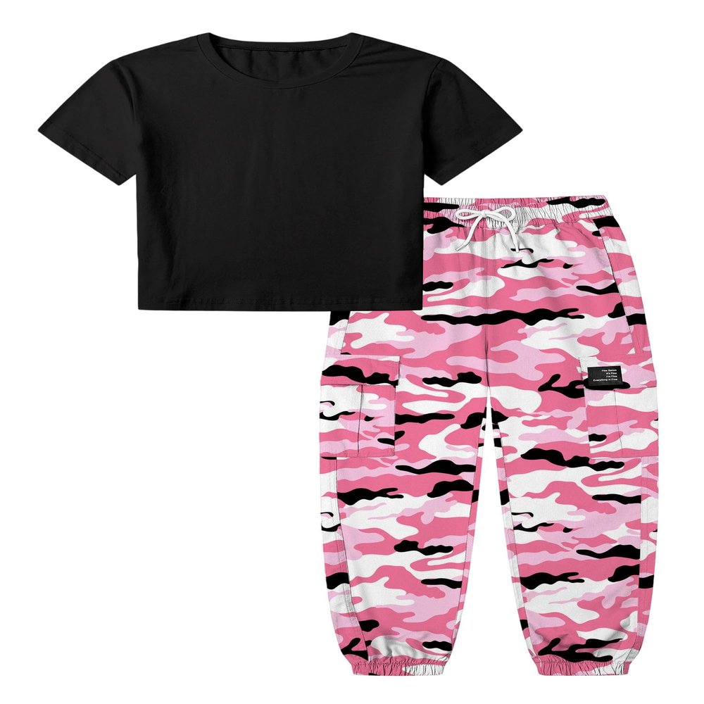 Betusline Girls Clothes 2 Piece Set, Black Cute Short Sleeve Crop Tops + Hot Pink Camo Cargo Jogger Pants Clothes, 9-10 Years = Tag 150