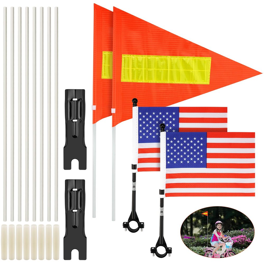 Bike Safety Flag Kit - 2PCS Reflective USA Flags (Orange & American) for Cycling & Outdoor Use