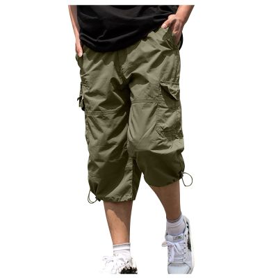 Ymosrh Men's Cargo Shorts, Mens Big and Tall Shorts Men Long Fashion Casual Mid Waist Solid Color Pockets Outdoor Shorts Pants Below The Knee Cotton Elastic Stretch for (M, Army Green)