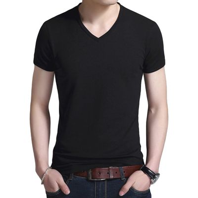 Men's Classics Slim Fit V-Neck T-Shirt Cool Cotton Fabric Undershirts Workout Gym Short Sleeve (Black,US SIZE XL Asia XXL)