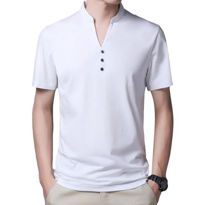 Men's Single Button Placket Plain V Neck Shirts Summer Slim Fit Pure Color Short Sleeve Fashion Casual Top (White,180)