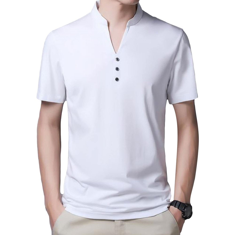 Men's Single Button Placket Plain V Neck Shirts Summer Slim Fit Pure Color Short Sleeve Fashion Casual Top (White,180)