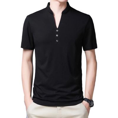 Men's Single Button Placket Plain V Neck Shirts Summer Slim Fit Pure Color Short Sleeve Fashion Casual Top (Black,170)