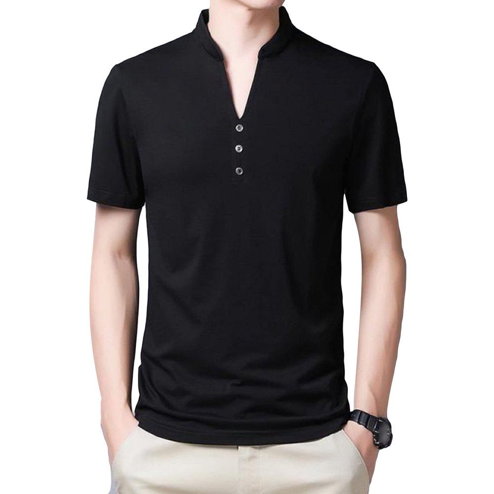 Men's Single Button Placket Plain V Neck Shirts Summer Slim Fit Pure Color Short Sleeve Fashion Casual Top (Black,170)